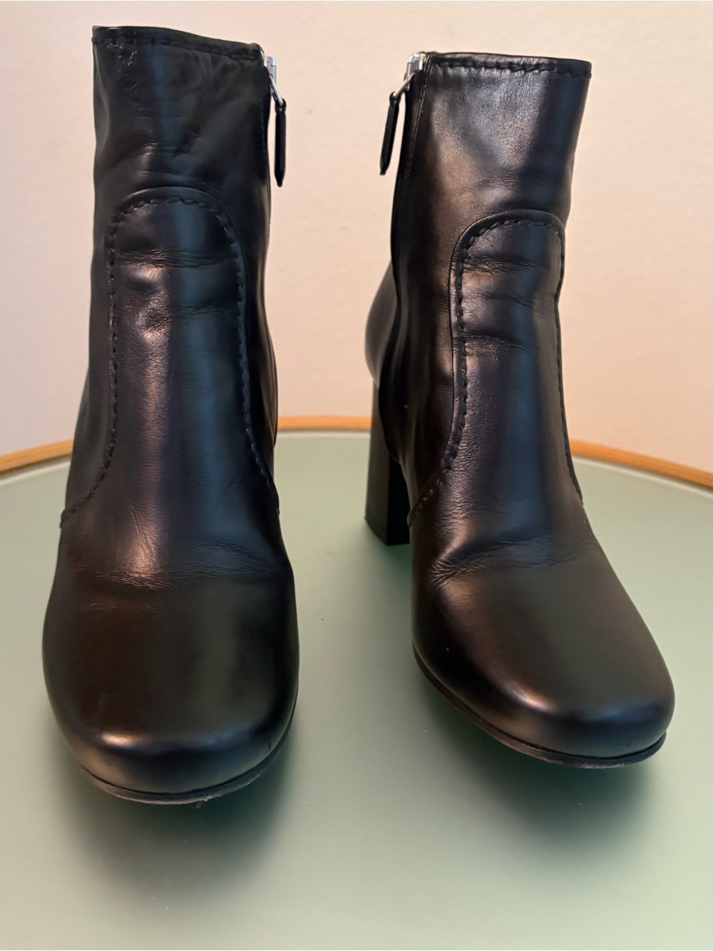 Prada Black Leather Ankle Boots – Block Heel (Size 35.5)